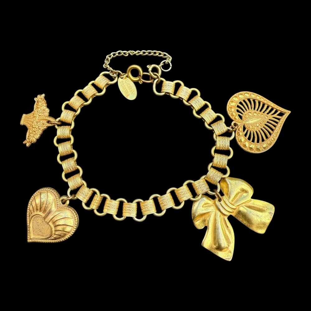Signed MIRIAM HASKELL Book Chain Charm Bracelet Gilt Gold Tone Heart Flower Bow - Picture 1 of 6